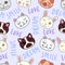Kawaii doodle pets seamless pattern on purple background, cute domestic animals, lovely cartoon drawing cat, dog, puppy, bunny,