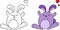 Kawaii before and after drawing of a bunny rabbit, with hearts, black line and color,for coloring book, Easter or Valentine`s card