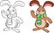 Before and after kawaii drawing of a cute little bunny rabbit, waving at you, with a scarf, for children`s coloring book