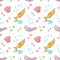 Kawaii fish and sea shells seamless pattern