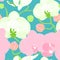 Kawaii floral pattern background with pink and white orchids. Doodle exotic tropical flowers. Great for wallpaper, gifts, textile.