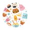 Kawaii Food Round Composition with Tasty Meal with Cute Faces Vector Template