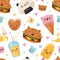 Kawaii Food Seamless Pattern Design with Tasty Meal with Cute Faces Vector Template
