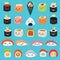 Kawaii food vector emoticon japanese sushi character and emoji sashimi roll with cartoon rice in Japan restaurant