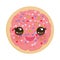 Kawaii Frosted sugar cookies, Italian Freshly baked biscuit with pink frosting and colorful sprinkles. Bright colors on white back