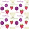 Kawaii fruits and vegetables seamless pattern with face expression on white color background. cauliflower, plum and raspberry