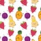 Kawaii fruits and vegetables seamless pattern with face expression on white color background. pineapple, pumpkin, plum and