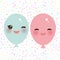 Kawaii funny balloons pink blue with pink cheeks and eyes on white polka dot background. Vector