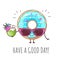Kawaii funny donut with tropic cocktail. Sweet fast food. Graphic print sign