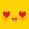 Kawaii funny muzzle in love with pink cheeks and big Red heart eyes Cute Cartoon Face on yellow orange background. Vector