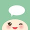 Kawaii funny muzzle with pink cheeks and winking eyes on light green background, white speech bubble. Vector