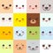 Kawaii funny muzzle set with pink cheeks and winking eyes on square background. Vector