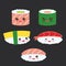 Kawaii funny sushi set with pink cheeks and big eyes, emoji on black background. Vector