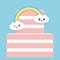 Kawaii Happy Birthday Sweet strawberry pink cake, white cream, clouds, rainbow, banner design, card template, pastel colors on sky