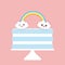 Kawaii Happy Birthday Sweet strawberry sky blue cake, white cream, clouds, rainbow, banner design, card template, pastel colors on
