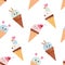 Kawaii ice cream cone seamless pattern background. Pastel colors. Isolated on white.