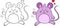 Kawaii before and after illustration of mouse, waving, with hearts, contour an color, for coloring book, or Valentine`s card