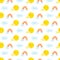 Kawaii kids collection with yellow planets and rainbow. Seamless pattern.