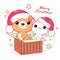 Kawaii little cat and puppy in gift box. Merry Christmas card