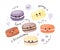 Kawaii macaron. Hand drawn cute French dessert with funny faces. Colorful macaroon bakery sketch. Yummy sweets of almond flour.