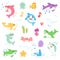 Kawaii Marine Creatures Collection. Funny Cute Fish Cartoon Character Set for Nursery Baby Kid Design, Decoration