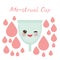 Kawaii menstrual cup is a feminine hygiene product made of flexible medical grade silicone and shaped like a bell, pink cheeks and