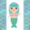 Kawaii Mermaid with blue hair cute kawaii girl, scales simple pattern Nature background with japanese wave. Vector illustration