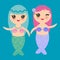 Kawaii Mermaid with blue and pink hair cute kawaii girl on blue background. Vector