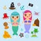 Kawaii Mermaid with blue pink hair cute kawaii girl pirate boat with sail, gold coins crab octopus starfish island with palm trees