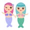 Kawaii Mermaid with blue and pink hair cute kawaii girl on white background. Vector