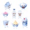 Kawaii milk. Funny cartoon dairy products with cute faces. Cream and cheese mascots. Happy food characters smile and