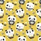 Kawaii panda birthday vector seamless pattern background. Cute backdrop with laughing cartoon bears holding cakes