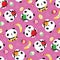 Kawaii panda and fruit seamless vector pattern background. Pink backdrop with cartoon bears holding apples, bananas