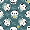 Kawaii panda Happy Birthday text vector seamless pattern background. Cute backdrop with laughing cartoon bears holding