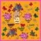 Kawaii pattern with dishes, teapot, teacups, candy,bunch of flowers, birds and butterflies on yellow background
