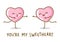 Kawaii pink hearts emoji running to each other isolated on white background Vector characters for Valentines day cute love design