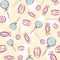 Kawaii pink seamless pattern with candies. Repetitive sweet background with peppermint  hard candies and lollipops