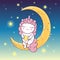 Kawaii pink unicorn sitting on the crescent moon in the blue background with stars