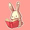 Kawaii pink and white bunny reading a book. Digital art of a cute anime rabbit studying a notebook