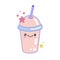Kawaii plastic cup with smoothie. Vector cartoon illustration of a glass with a drink. Cute character