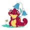 Kawaii red cartoon lizard holding bluebell flowers in its paws