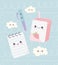 Kawaii school notepad pen and juice box clouds character cartoon