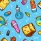 Kawaii school seamless pattern with cute education supplies