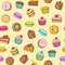 Kawaii seamless background of sweet and dessert doodle, cute cake, sweet donat, cartoon cookies and macaron