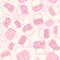 Kawaii seamless pattern with pink marshmallows and colorful sprinkles. Repeat background with sweets and desserts for kids