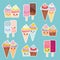 Kawaii set cupcakes with cream, ice cream in waffle cones, ice lolly with pink cheeks and winking eyes, pastel colors on light blu