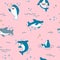 Kawaii Shark Seamless Pattern. Cute Funny Sharks Nautical Background with Sea Creatures and Marine Life for Wallpaper