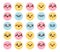 Kawaii smileys chibi vector set. Emoticon cute cartoon emojis expression with happy, smiling, sad and blushing in colorful faces.