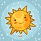 Kawaii space card. Doodle with pretty facial expression. Illustration of cartoon sun in starry sky