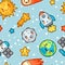 Kawaii space seamless pattern. Doodles with pretty facial expression. Illustration of cartoon sun, earth, moon, rocket